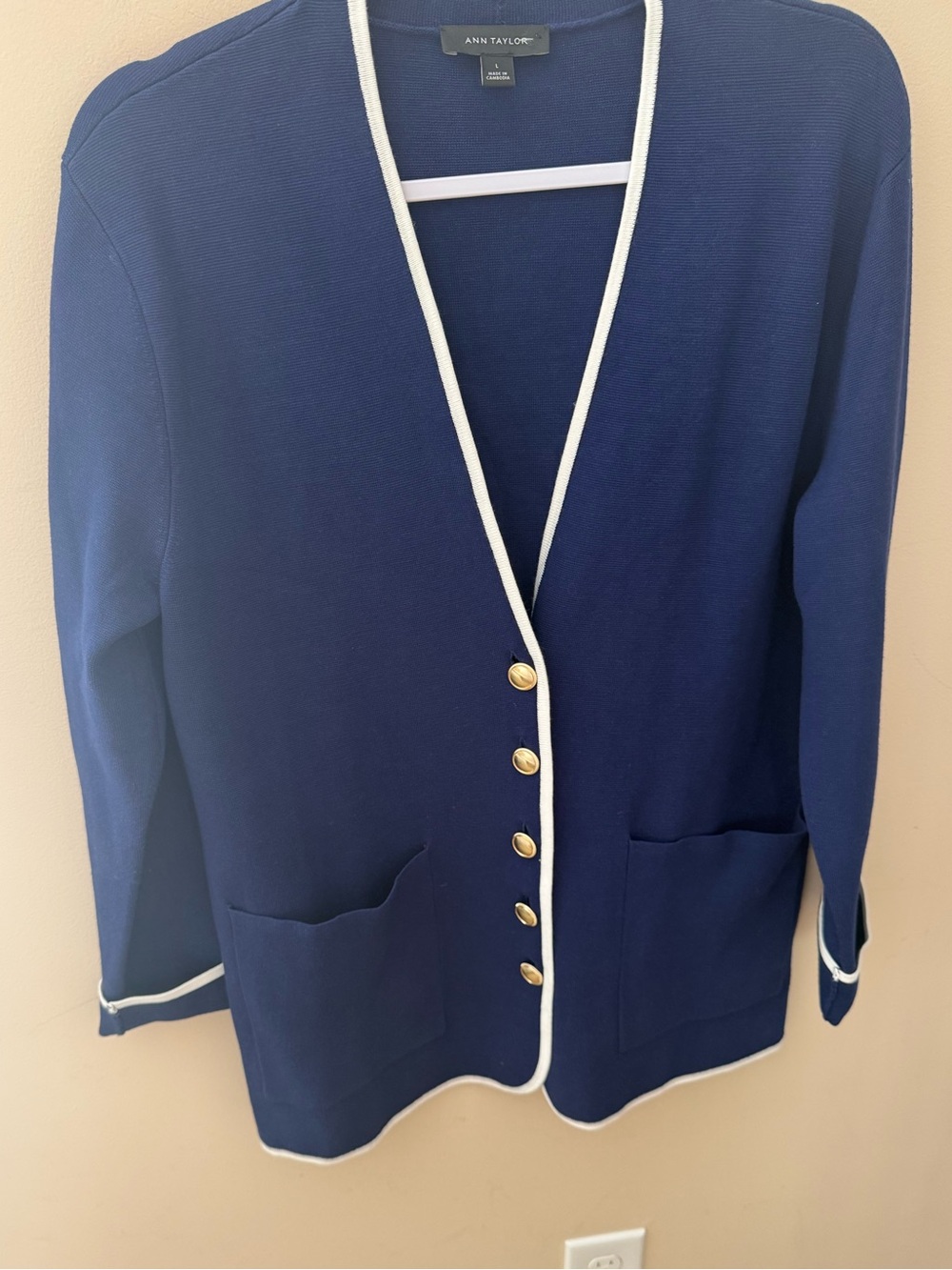 Ann Taylor Blue and White knit tipped V-Neck gold button Sweater size Large